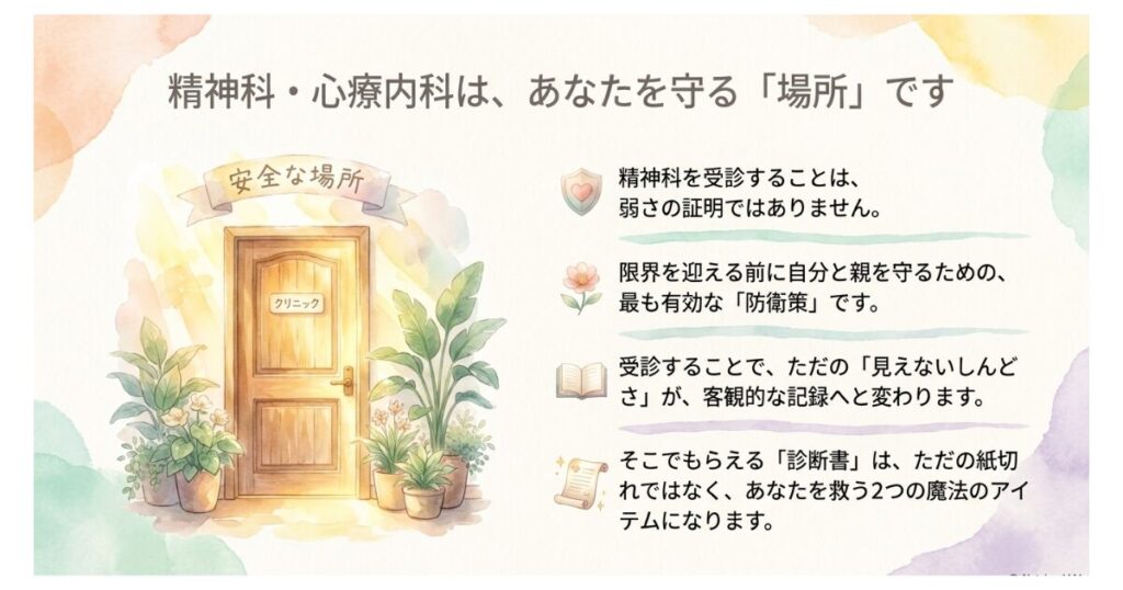 【介護うつ】症状・原因まとめ|診断書がしんどさの証明と特養入所の切り札になる 「しんどい」を可視化する方法――診断書というお守り 精神科・心療内科は、あなたを守る「場所」