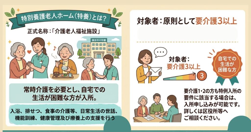 特別養護老人ホーム（特養）とは　正式名称は「介護老人福祉施設」

常に介護を必要とし、自宅での生活が困難な方が入所して、食事、入浴、排せつなどの日常生活の介助や、健康管理、療養上の世話を受ける施設

対象者: 原則として要介護3以上の認定を受けた方